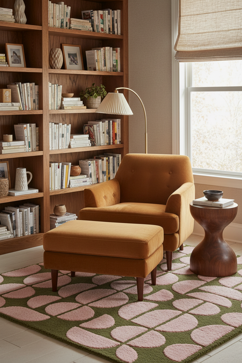 A cozy reading nook featuring a mustard yellow tufted armchair and matching ottoman on a green and pink patterned rug, set against a large wooden bookshelf and next to a window.