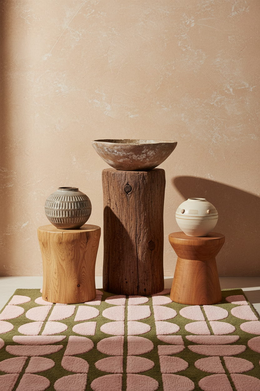 Three rustic ceramic vases in different shapes and colors displayed on wooden pedestals against a textured beige wall, with a green and pink patterned rug underneath.