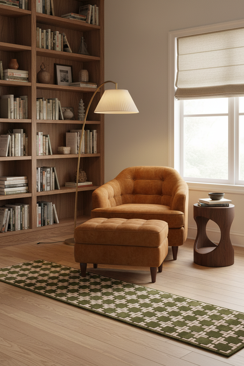 A warm, modern living room scene featuring a tufted mustard-orange armchair and matching ottoman on a patterned green and beige rug. A tall wooden floor lamp stands beside a large bookshelf, and a window with a beige roller shade is in the background.