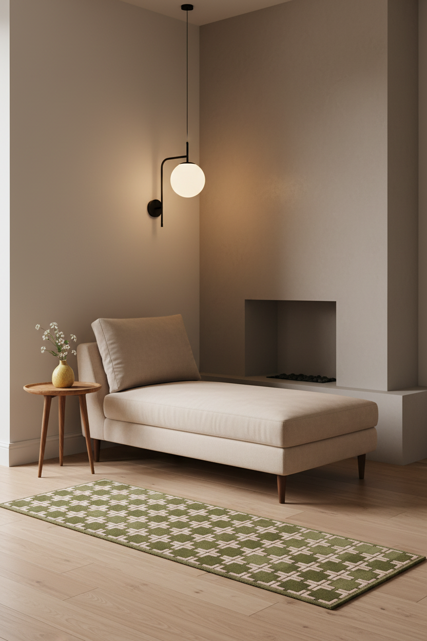 A modern beige chaise lounge with a matching cushion in a minimalist living room setting, featuring a green patterned rug, a small wooden side table with a vase, and a black wall-mounted globe lamp.