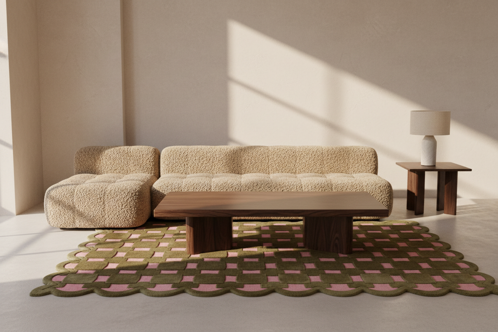 A modern living room setup featuring a beige bouclé sectional sofa, a dark wood coffee table, a patterned green and pink rug, and a small side table with a lamp against a warm beige wall with dramatic sunlight shadows.