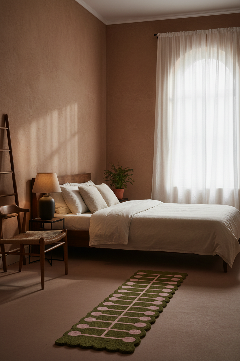 A styled bedroom interior with a bed dressed in white bedding, warm brown walls, sheer white curtains, a green patterned runner rug, a wooden chair, and a bedside lamp.