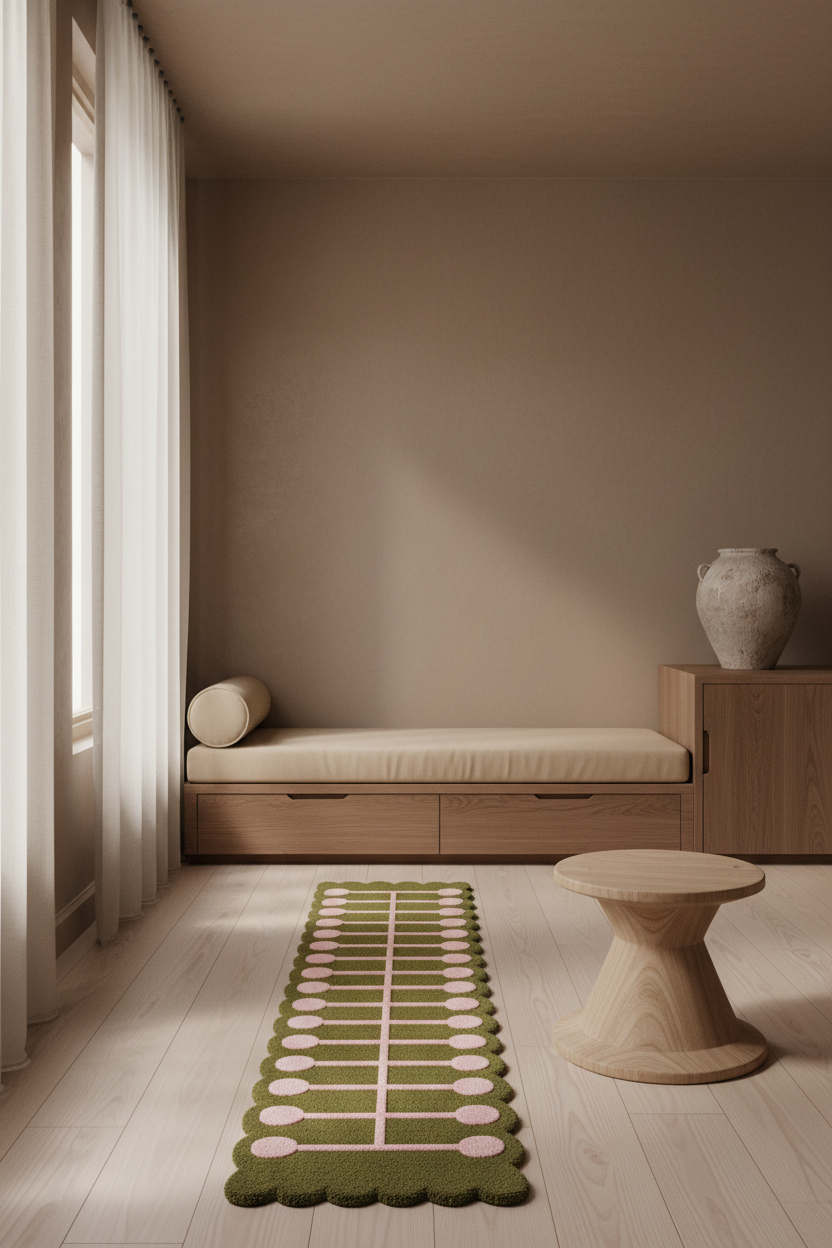 A modern interior room scene with a long green runner rug featuring a white geometric stripe pattern and scalloped edges, placed on a light wood floor in front of a built-in wooden daybed. A small round wooden side table and a ceramic vase sit on a cabinet against a warm beige wall, with sheer curtains by a window on the left.