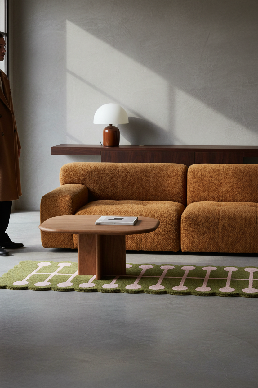 A modern living room scene featuring a textured mustard-orange boucle sofa, a round wooden coffee table, a green rug with pink circular accents, and a dark wood console table with a white dome lamp in the background.