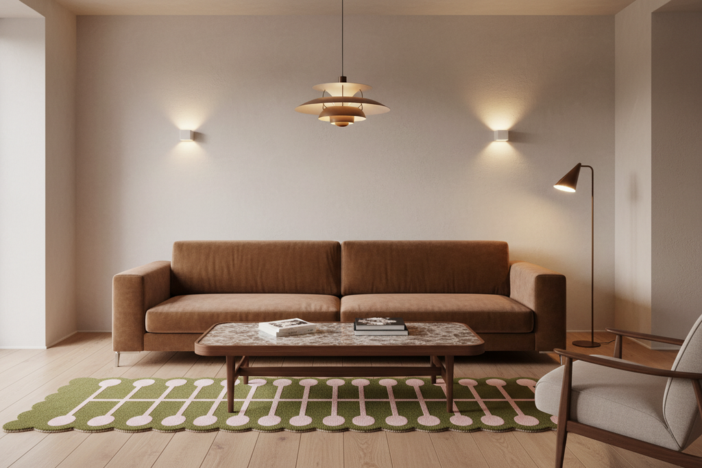 A modern living room scene featuring a brown fabric sofa, a marble-top coffee table, a green and white patterned rug, and a mid-century style armchair under warm wall lighting.