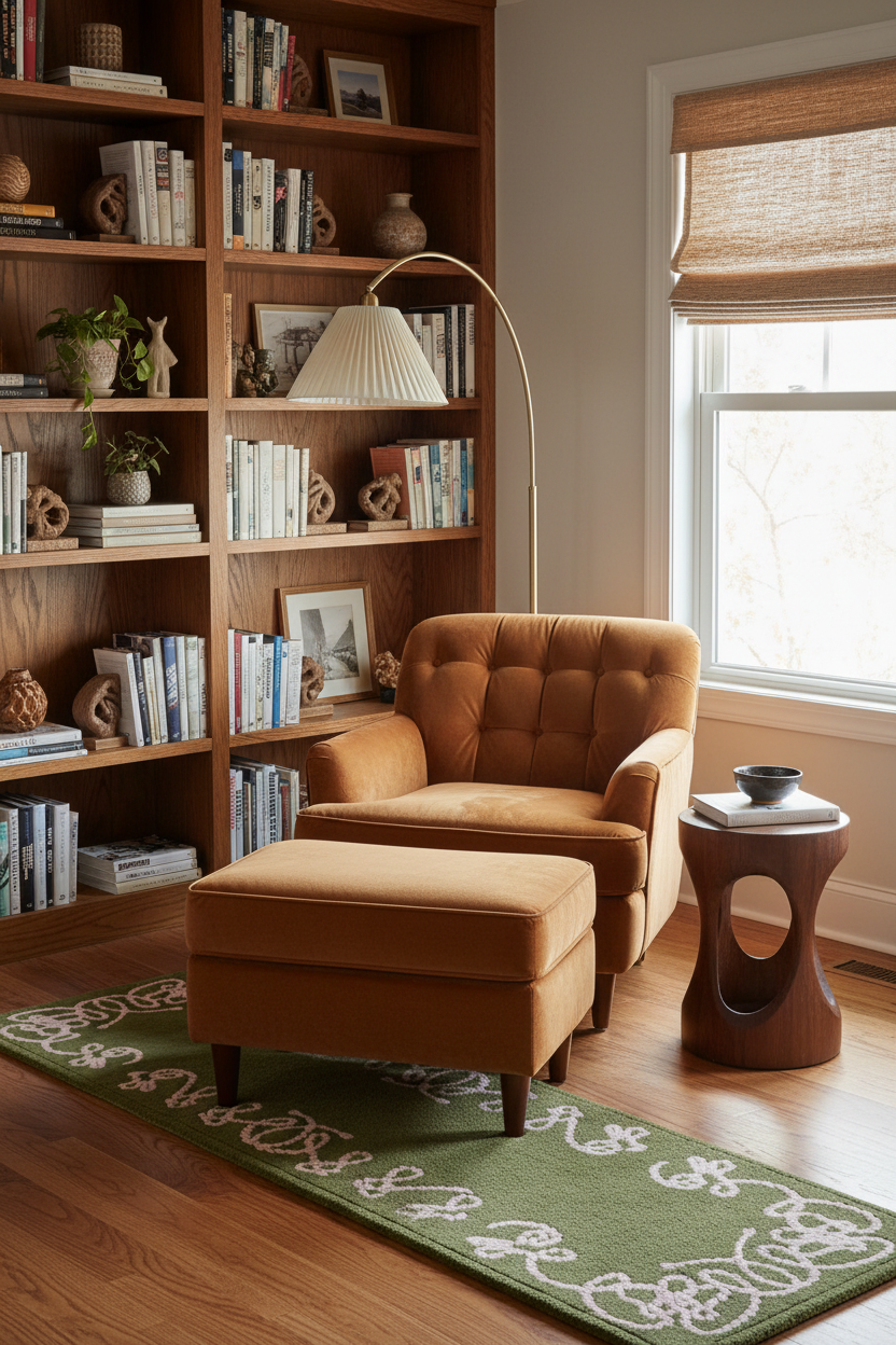 A warm, styled reading nook featuring a tufted mustard-brown armchair and matching ottoman on a green patterned rug, set against a large wooden bookshelf and next to a window with a woven blind.