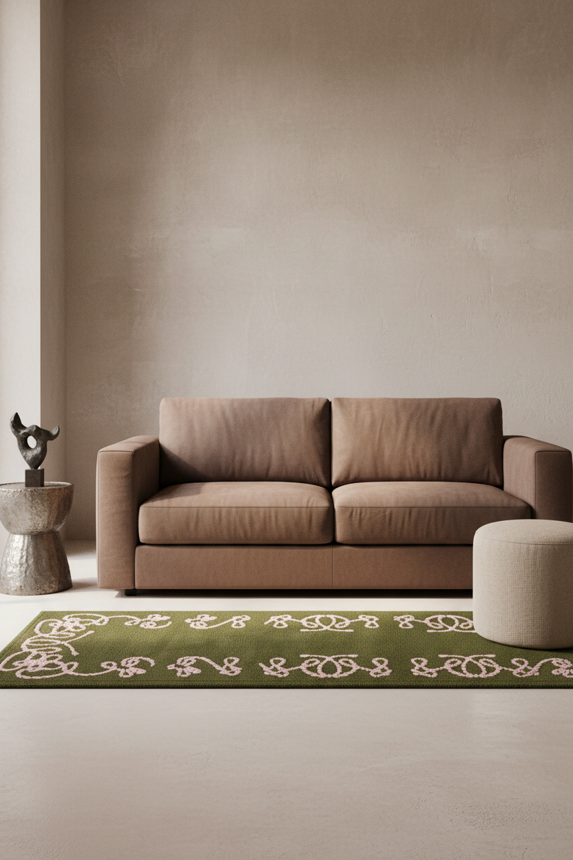 A modern two-seater sofa upholstered in warm taupe-brown fabric, styled in a minimalist living room setting with a green patterned rug, a round beige ottoman, and a textured beige wall background.