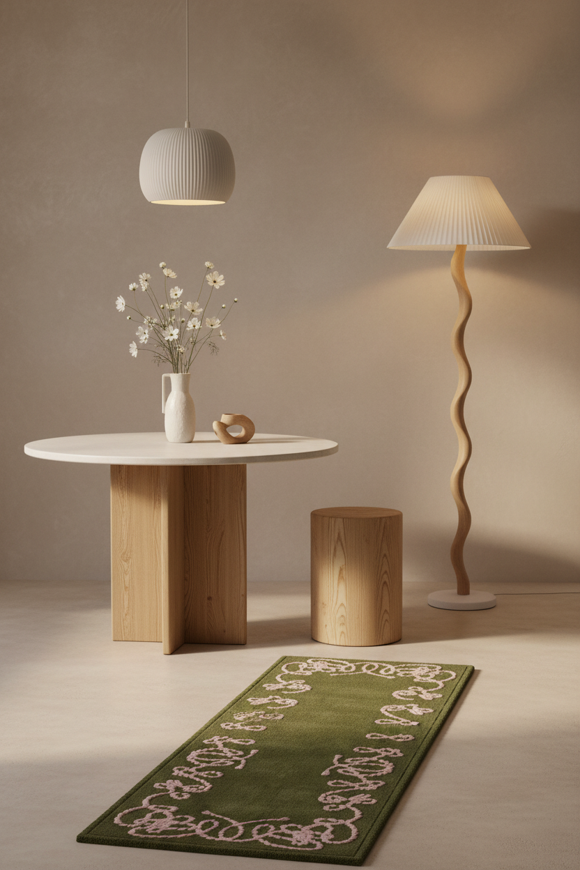 A styled interior scene with a green runner rug featuring a pink floral border, placed on a light wood floor beside a round white table, a wooden stool, a floor lamp, and a hanging pendant light.