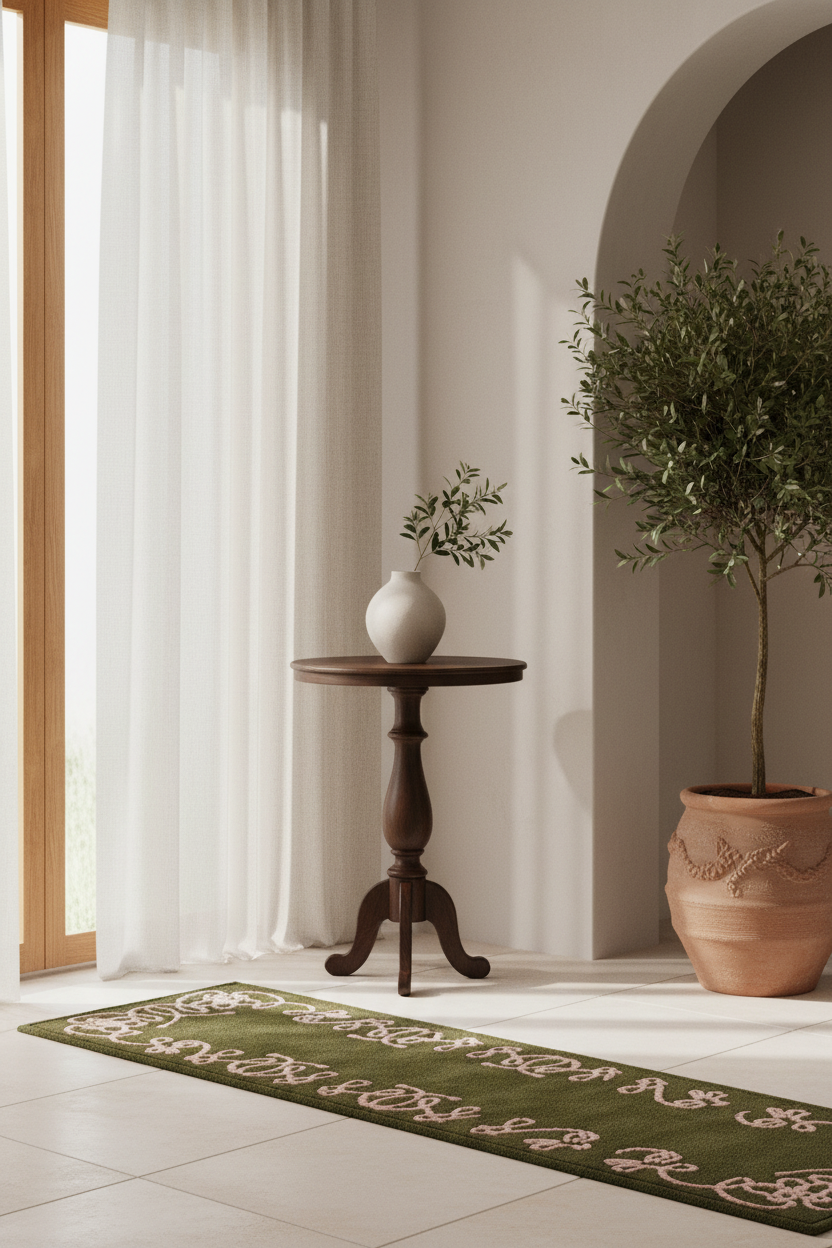 An olive green runner rug with a beige scroll pattern is styled on a light tile floor in a bright, modern interior setting with a wooden side table, white vase, and potted olive tree.