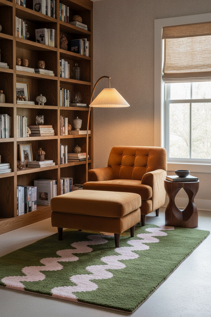 A cozy reading nook featuring a mustard yellow tufted armchair and matching ottoman on a green and pink patterned rug, set against a large wooden bookshelf and next to a window with a woven blind.