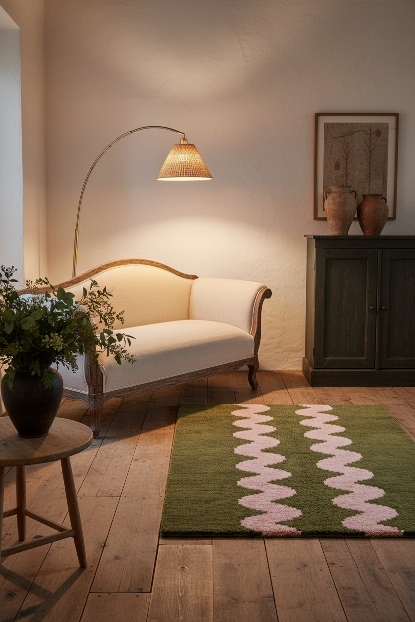 A styled interior scene with a cream upholstered chaise lounge, a lit floor lamp, a dark cabinet, and a green area rug with pink zigzag stripes on a wood floor. A small side table with a potted plant is visible in the foreground.