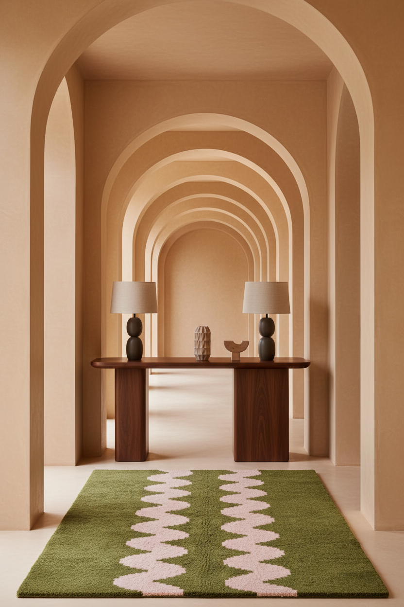 A green area rug with a pink and white wavy geometric pattern lies on a light floor in a symmetrical, warm-toned hallway with arches and a wooden console table.