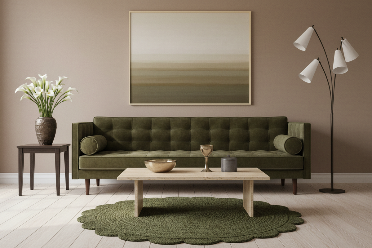 A styled living room scene featuring an olive green tufted velvet sofa as the main product, set against a warm taupe wall with a large abstract landscape painting above. A light wood coffee table, a round green rug, a side table with white lilies, and a black multi-light floor lamp complete the scene.