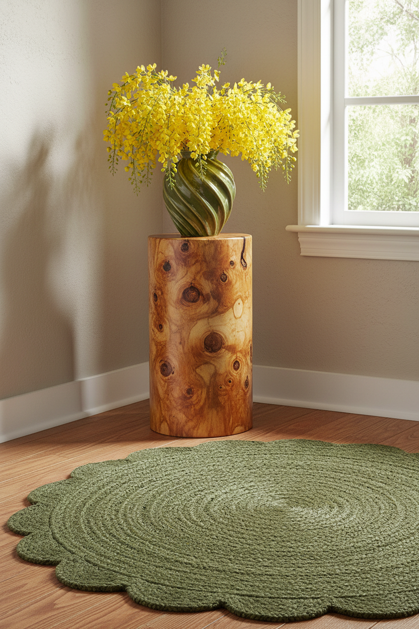 A green scalloped round braided rug on a wood floor in a bright room, with a carved wooden side table holding a green vase of yellow flowers in the corner by a window.