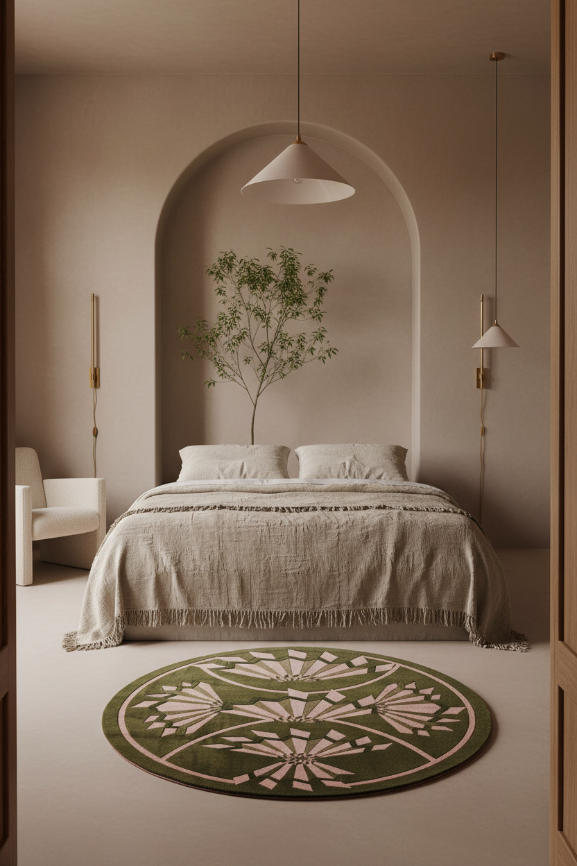 A styled bedroom interior with a bed dressed in light neutral bedding, an arched alcove behind it with a small tree, pendant lights, a chair, and a round green rug in the foreground.