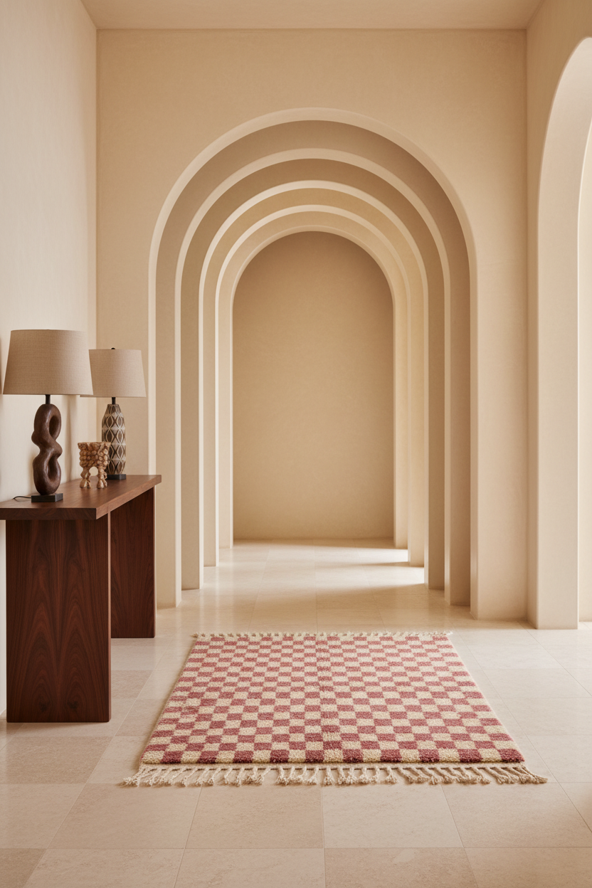 A rectangular area rug with a pink and beige checkerboard pattern and fringe, placed on a light stone floor in a warm, minimalist hallway with arched walls and a wooden console table.
