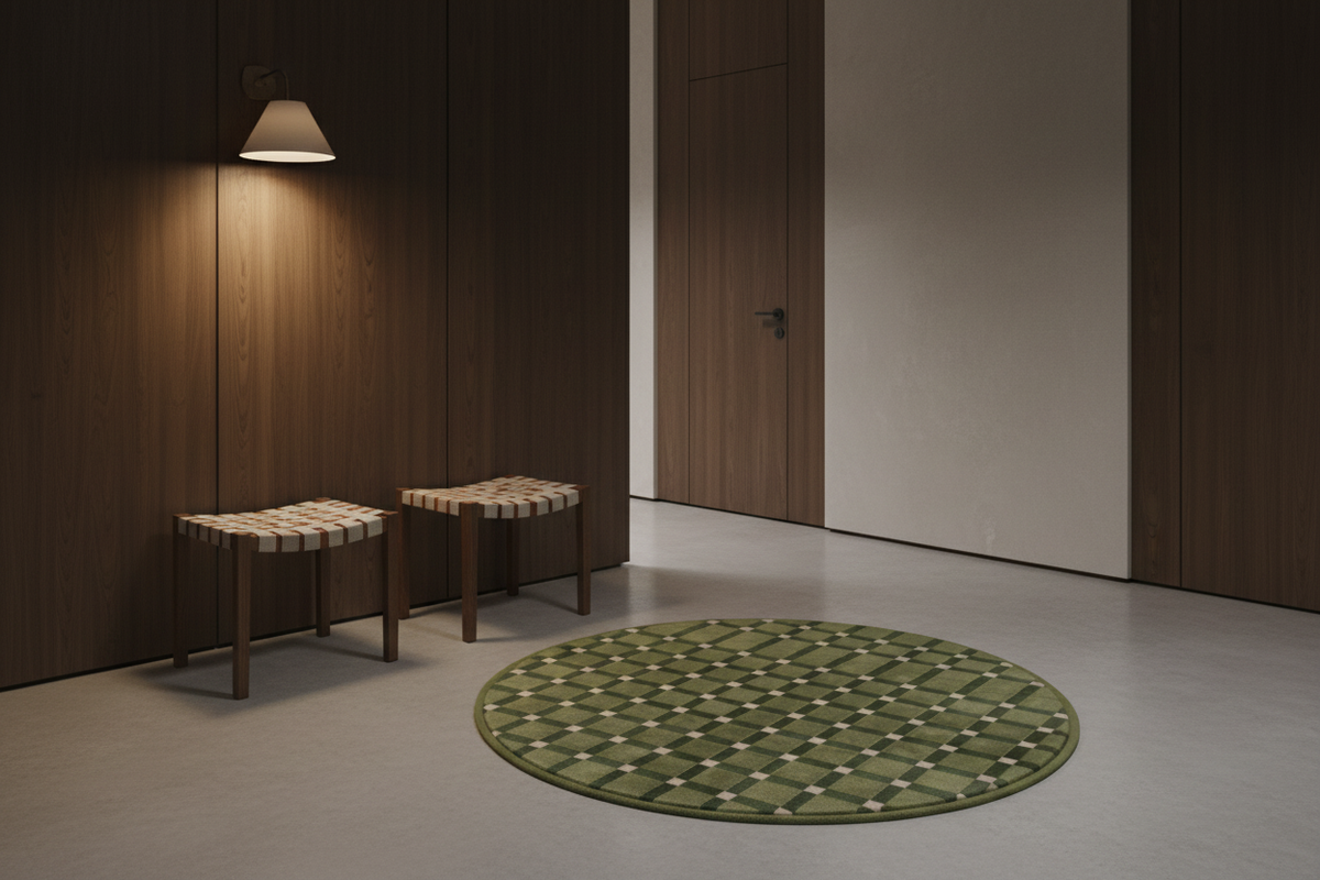 A modern interior scene with two small woven bench stools, a round green patterned rug, dark wood paneled walls, and a wall-mounted lamp.