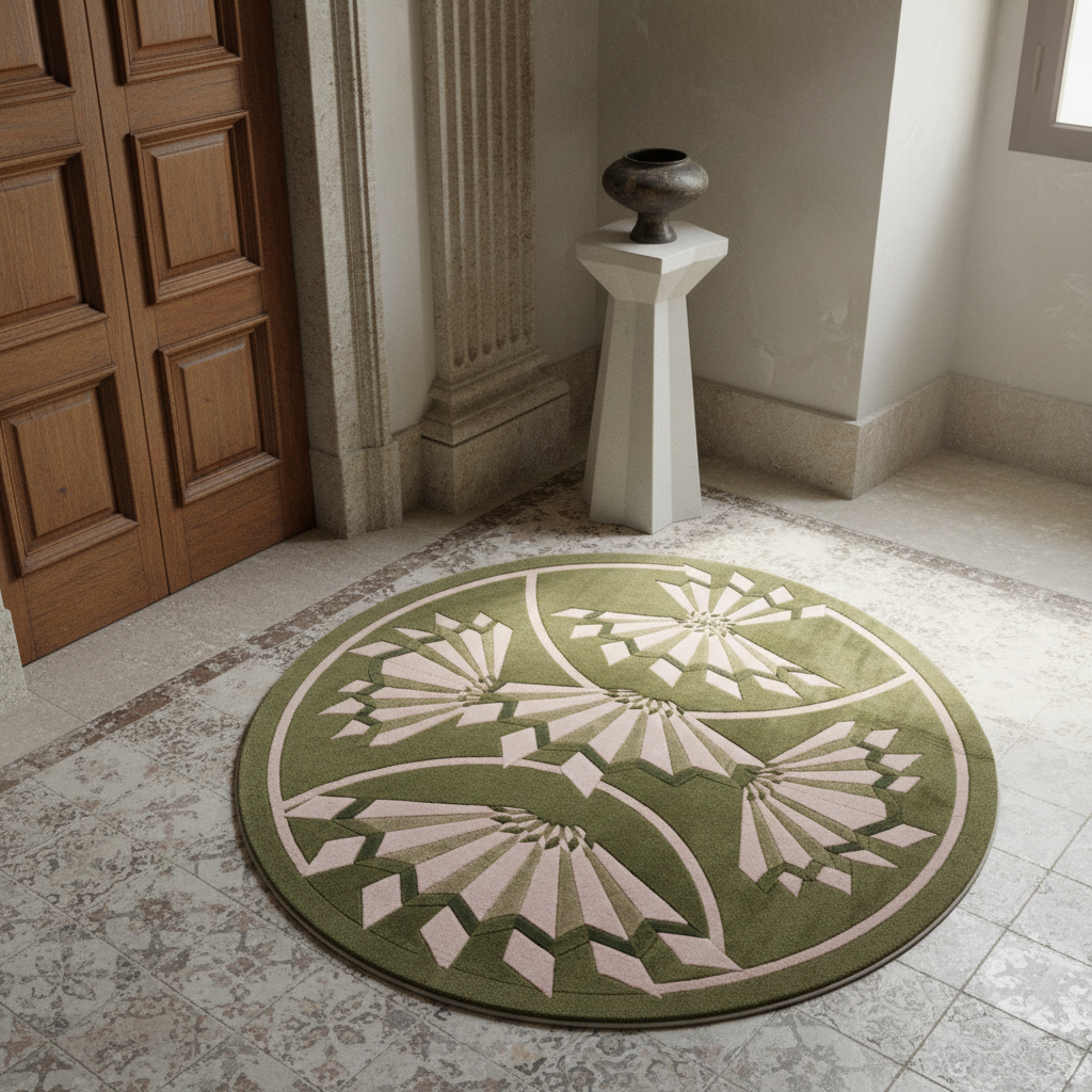 A round area rug with a green and beige geometric floral pattern, displayed on a tiled floor in a classic interior setting next to a wooden door and a pedestal.