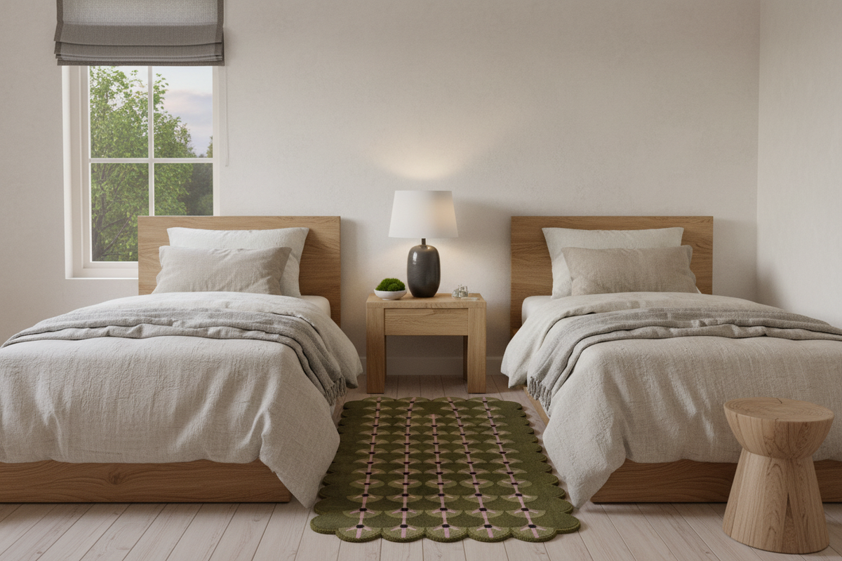 A styled bedroom scene with two single beds, light wood frames, cream bedding, a small wooden nightstand with a lamp, a green patterned rug, and a round wooden stool in a bright neutral room.