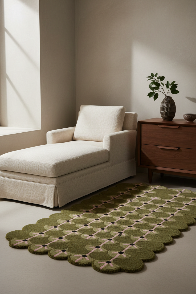 A modern mid-century style cream chaise lounge chair next to a wooden side table with a vase of green leaves, set in a minimalist room with a green and beige patterned rug.