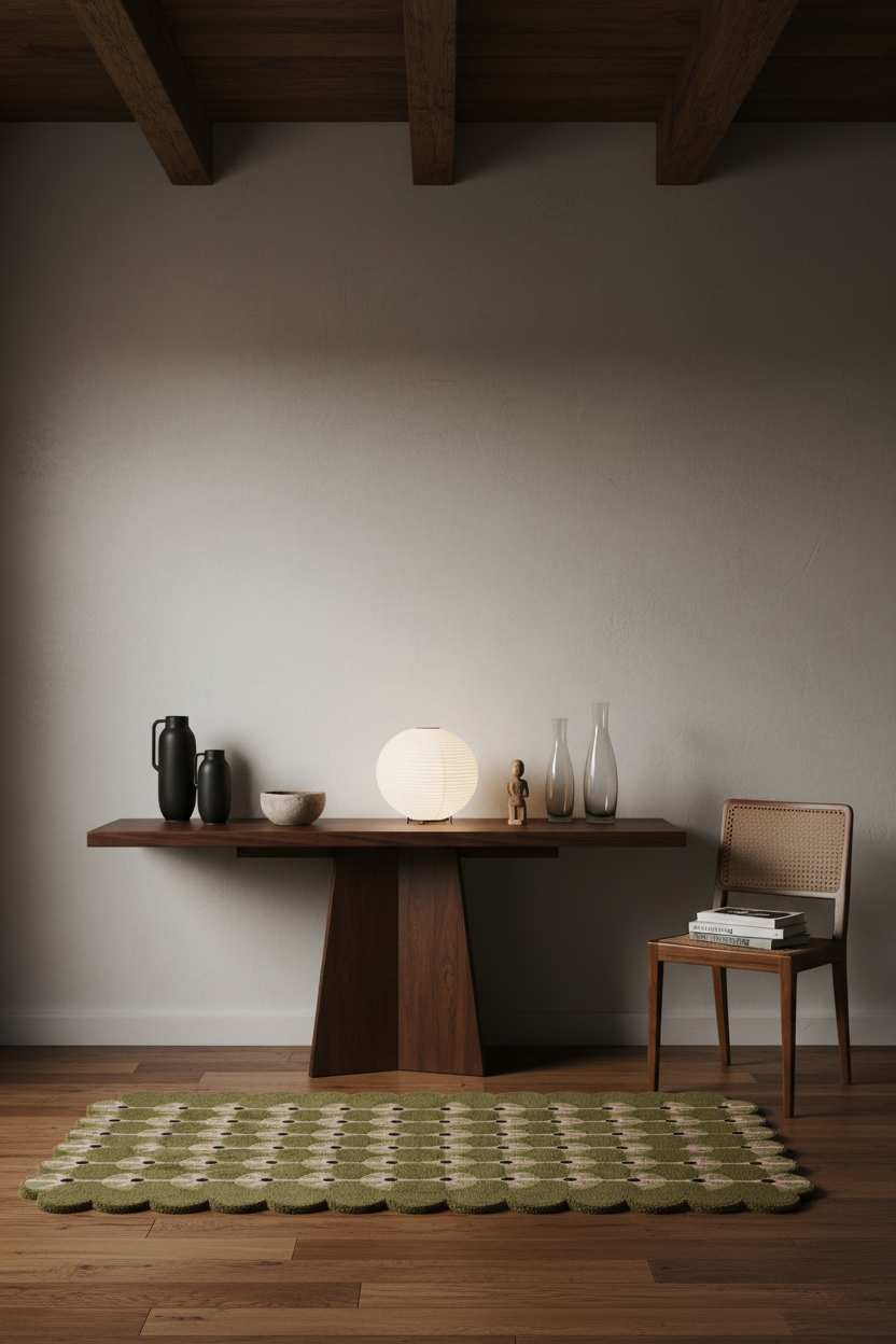 A styled interior scene with a wooden console table against a light neutral wall, a glowing spherical lamp on top, several glass and ceramic vessels, a wooden chair with books, and a green-and-beige patterned rug on a wood floor.
