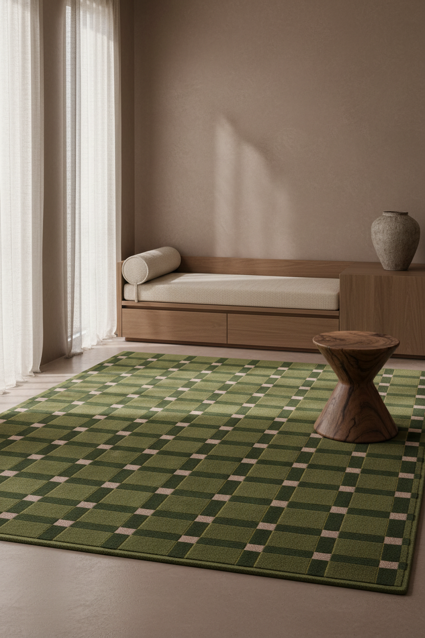 A green and beige checkered area rug styled in a minimalist, warm-toned room with a wooden daybed, a small wooden side table, and sheer white curtains.