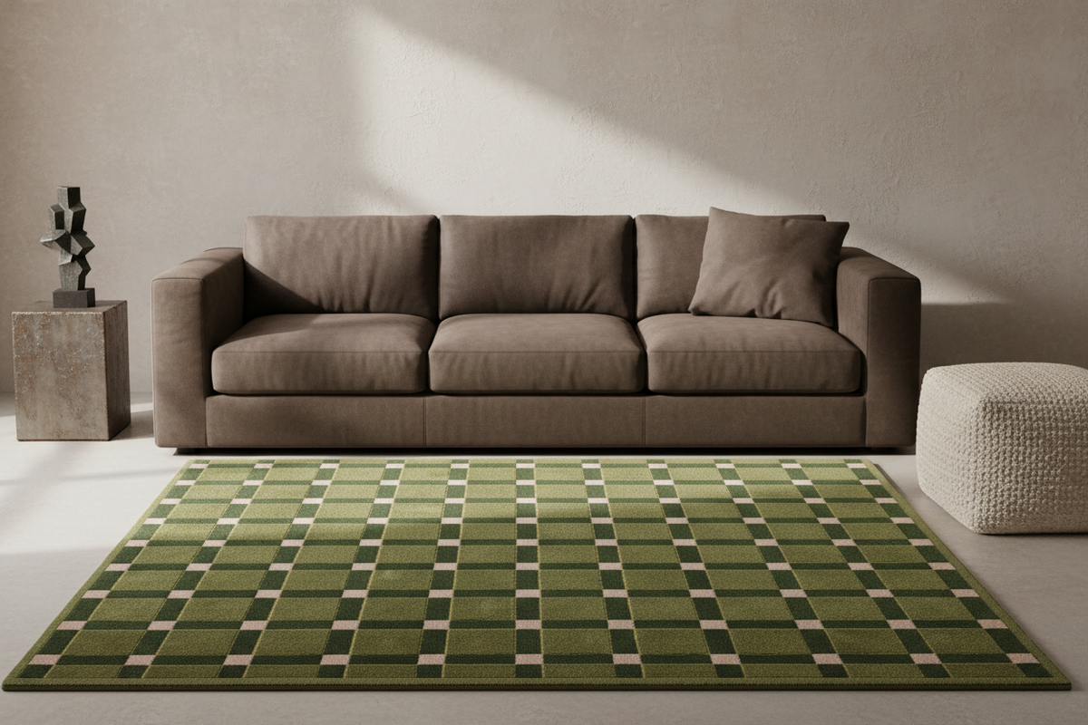 A green area rug with a black and beige grid pattern is styled in a modern living room setting in front of a brown fabric sofa, with a textured white pouf and a concrete side table with a sculpture on the left.