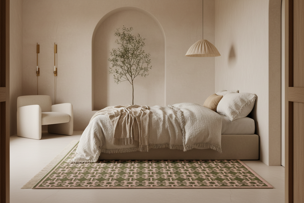 A styled bedroom interior with a low bed dressed in cream bedding and a patterned rug, set in a warm neutral room with an arched alcove, chair, pendant light, and a small tree in the background.