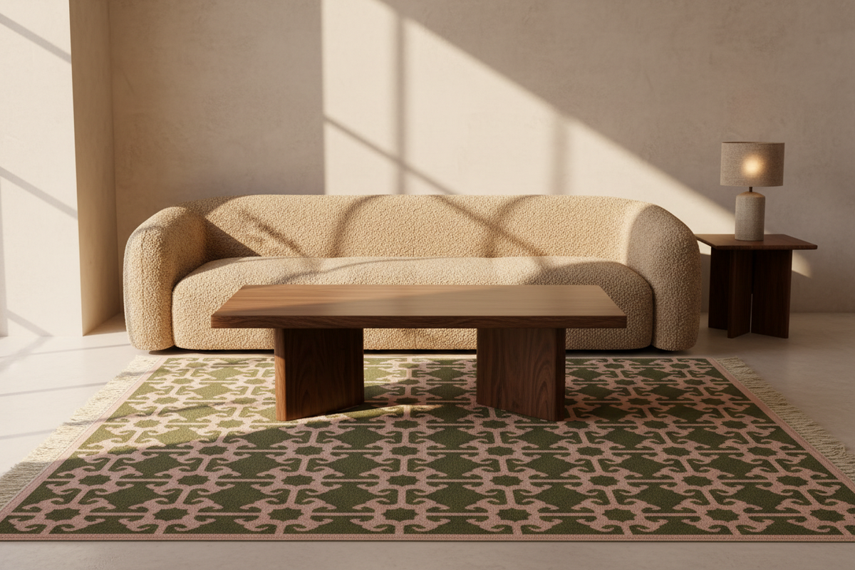 A modern living room scene featuring a beige bouclé sofa, a wooden coffee table, a green and beige patterned area rug, and a side table with a lamp, all styled in a minimalist interior with warm natural light casting shadows.