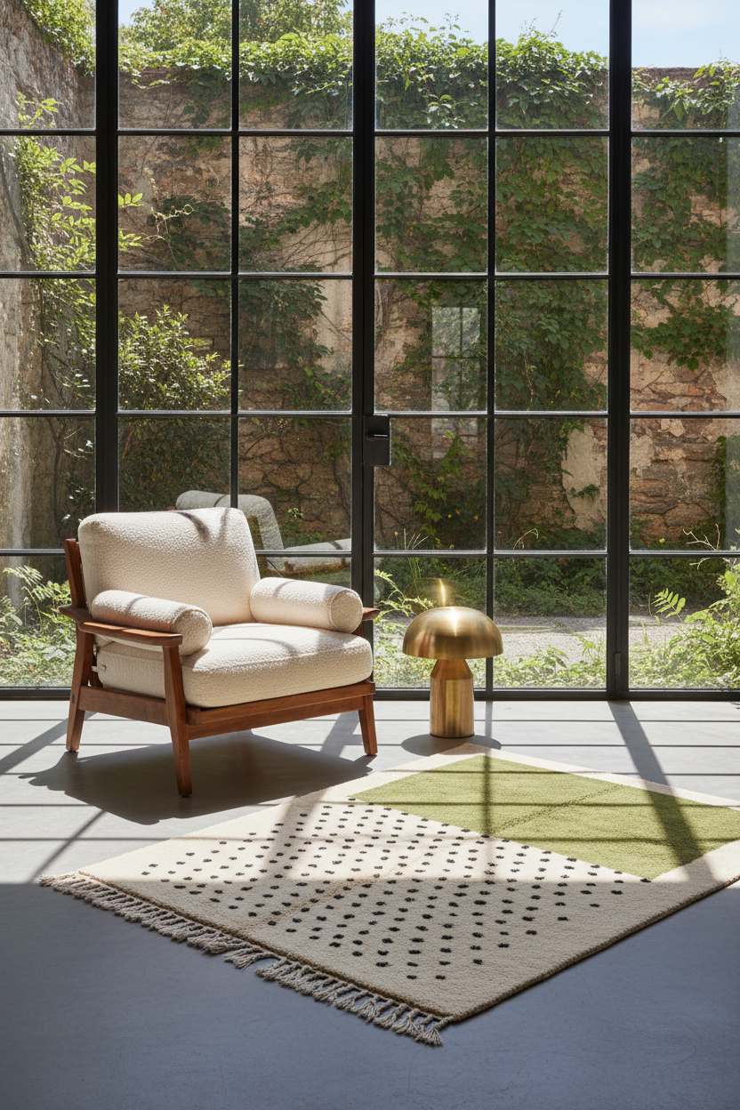 A cream upholstered armchair with a wooden frame sits in a sunlit room with large black-framed windows overlooking a stone patio with ivy. A gold floor lamp and a cream-and-green patterned rug are nearby.