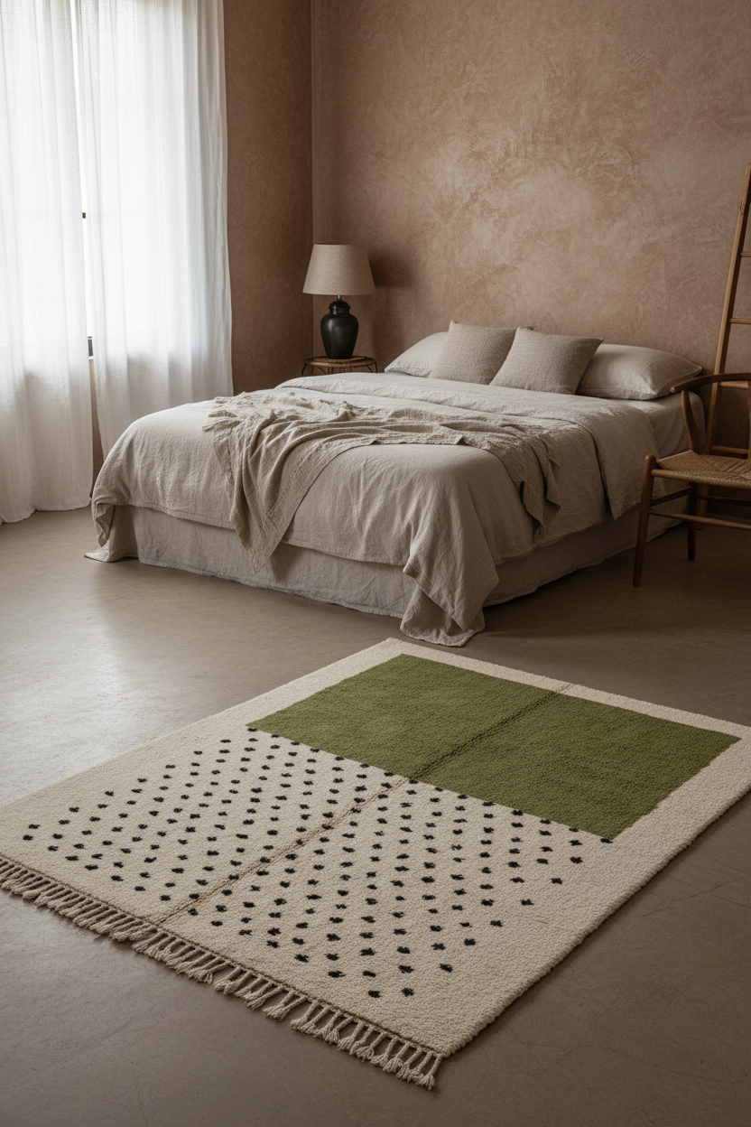 A rectangular area rug with fringe, shown in a styled bedroom setting. The rug features a cream base with black heart-like patterns on the lower left, a solid olive green block on the upper right, and a small green geometric motif on the upper left.