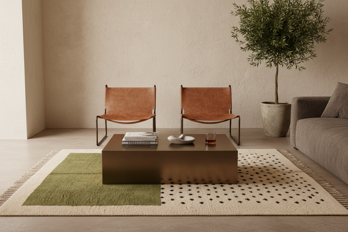 A modern living room scene featuring two brown leather sling chairs flanking a low metallic coffee table on a patterned rug. A gray sofa is partially visible on the right, and a potted olive tree stands against a textured beige wall.
