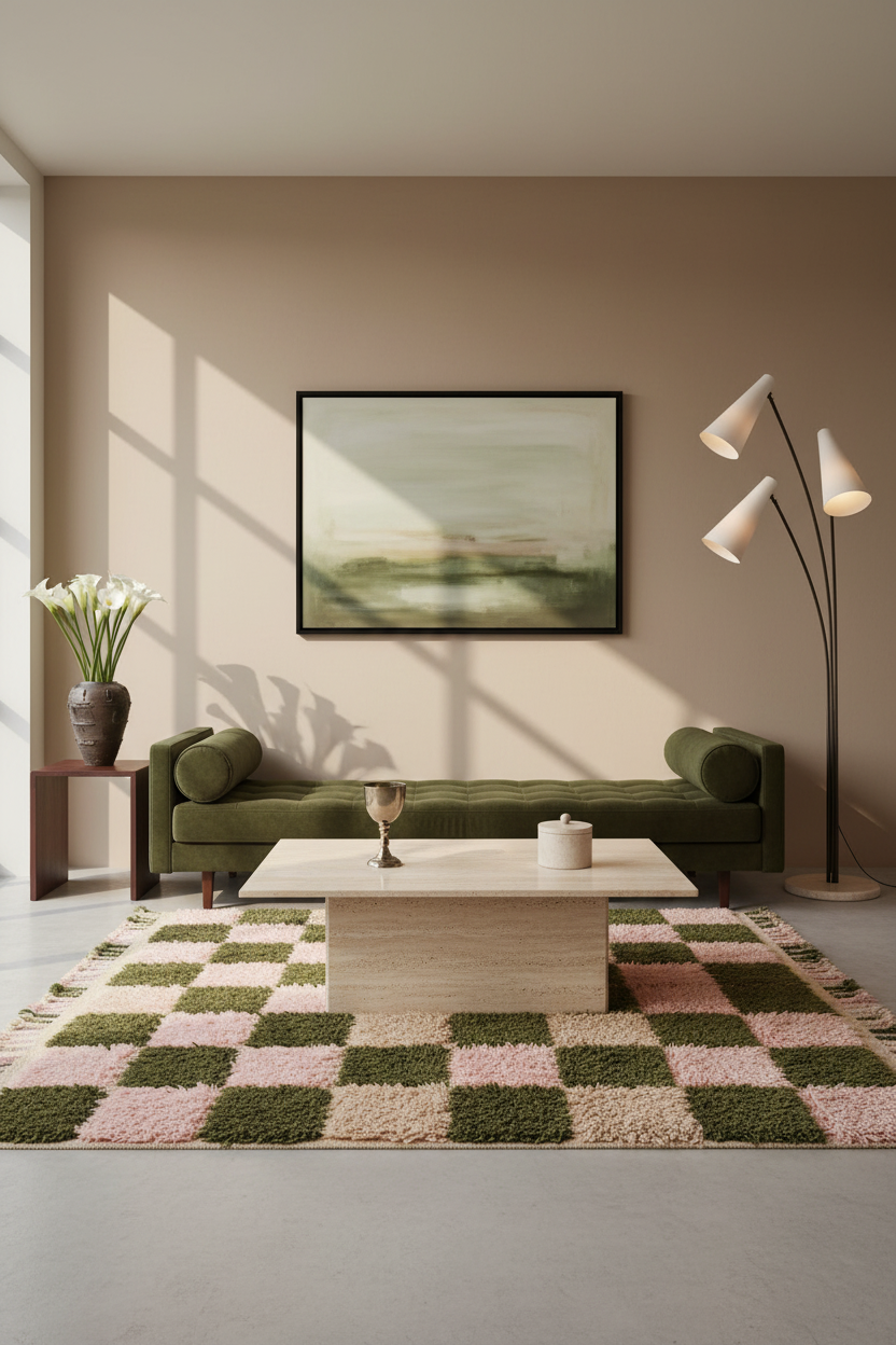 A modern living room scene featuring a green tufted sofa, a low wooden coffee table, a green and pink checkered rug, and a framed landscape painting on a beige wall.