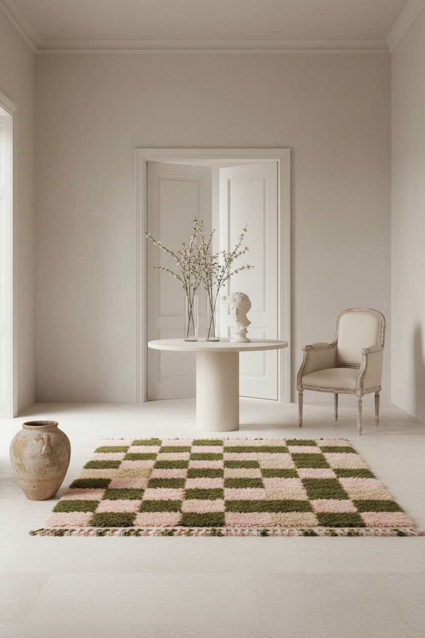 A checkered area rug in shades of green, beige, and pink is styled on a light-colored floor in a minimalist, elegant room with a round table, a vintage-style armchair, and a large ceramic vase.