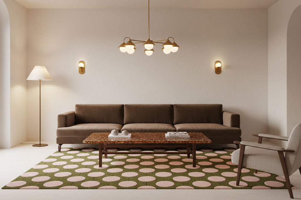 A modern living room scene featuring a dark brown fabric sofa, a patterned green and pink rug, a wooden coffee table, and a gray armchair in a minimalist interior setting.