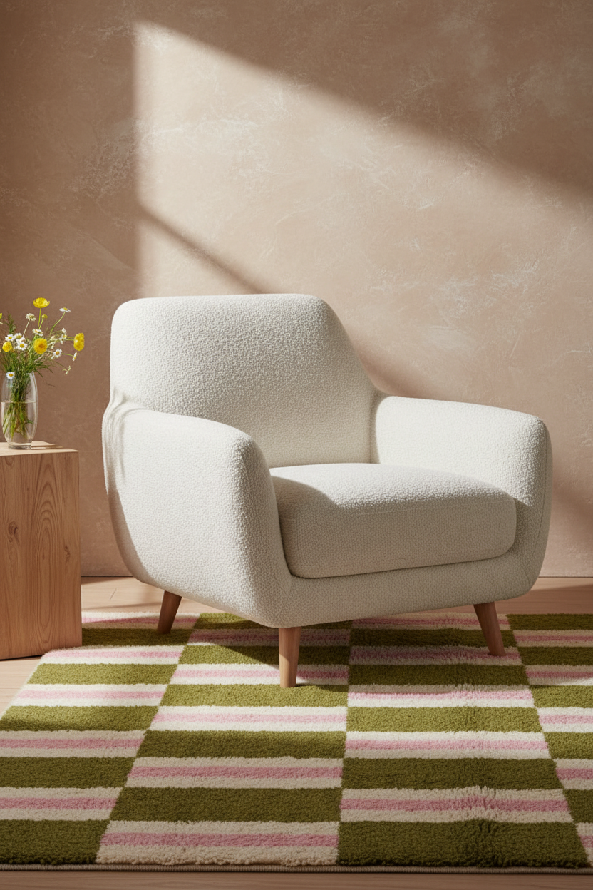 A modern cream bouclé armchair with tapered wooden legs, styled in a warm room setting on a green and pink checkered rug next to a wooden side table with flowers.