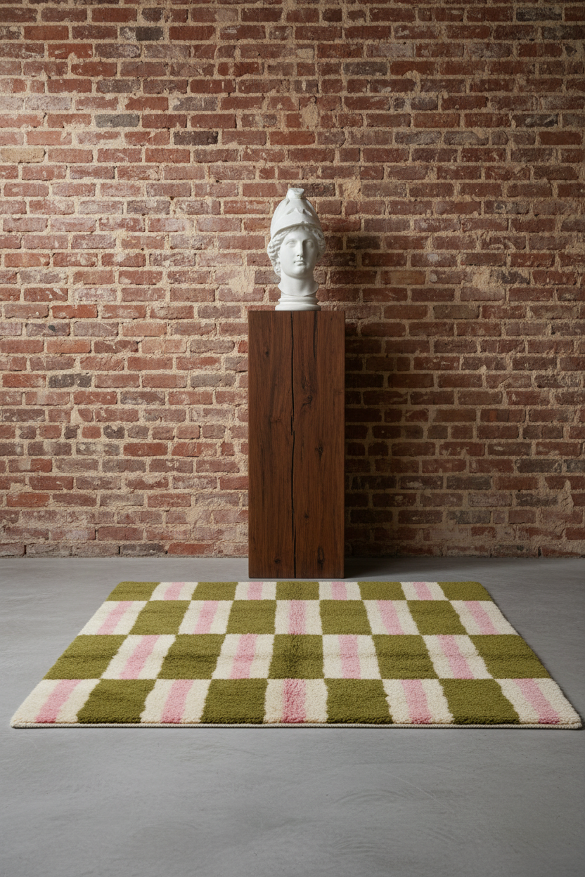 A rectangular area rug with a checkered pattern of olive green, light pink, and cream, styled on a gray concrete floor in front of a rustic red-brown brick wall. A dark wood pedestal with a white classical bust stands behind the rug.