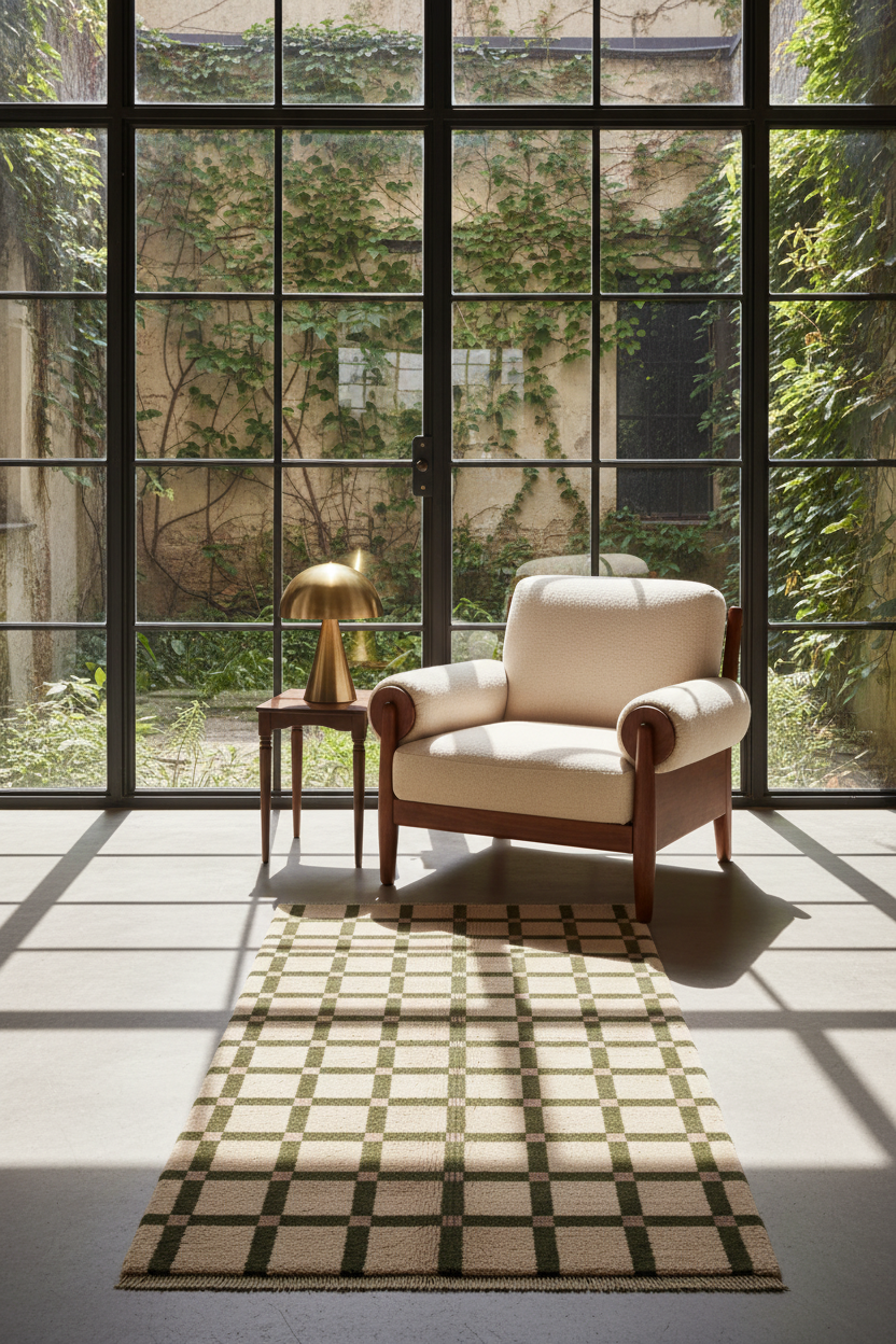 A cream upholstered armchair with a dark wood frame sits beside a small side table with a gold lamp, on a checkered beige and olive rug in front of large black-framed windows overlooking a garden.