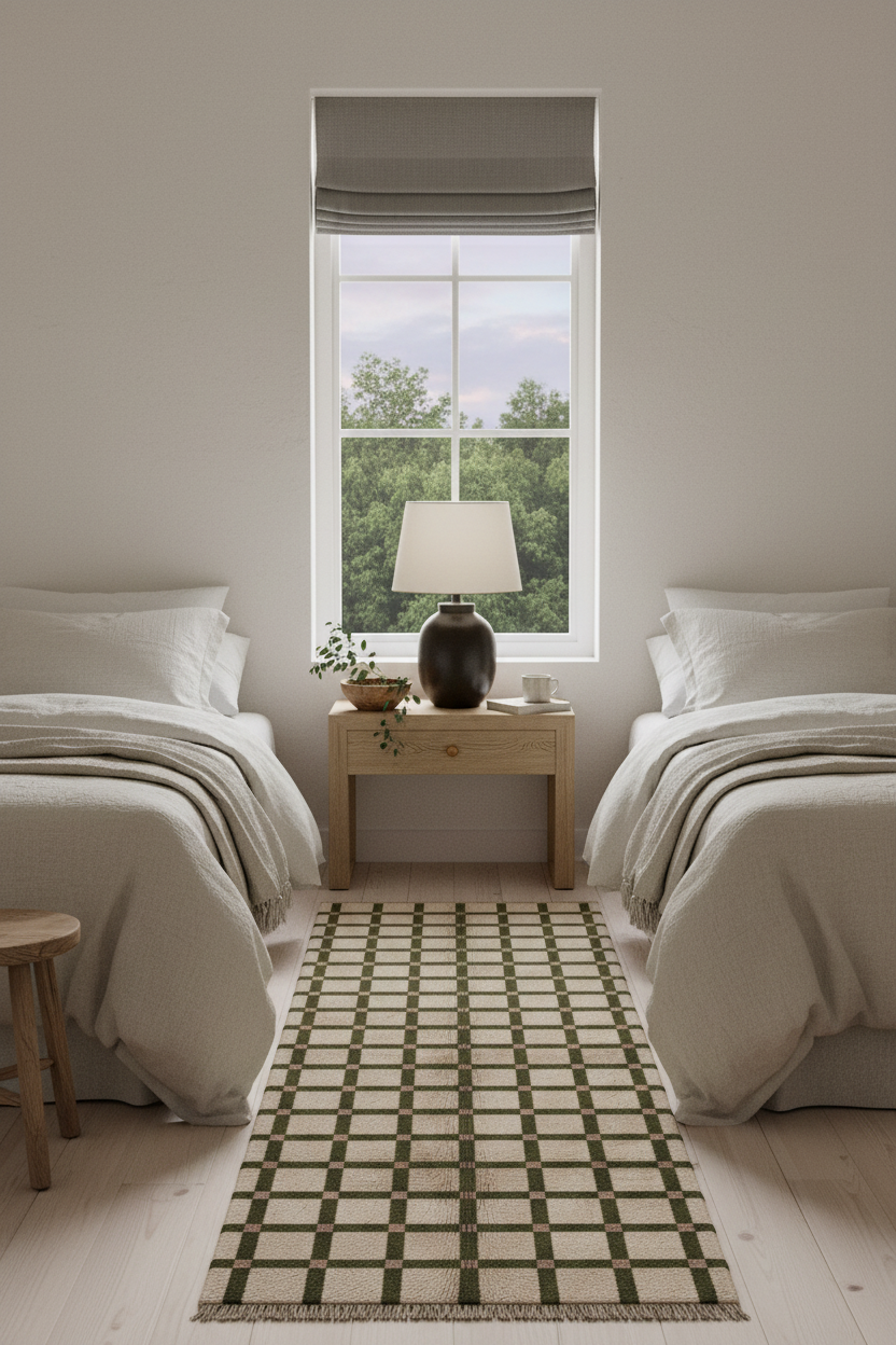 A styled bedroom scene with two single beds, a wooden nightstand, a window with a gray roman shade, and a patterned runner rug on a light wood floor.