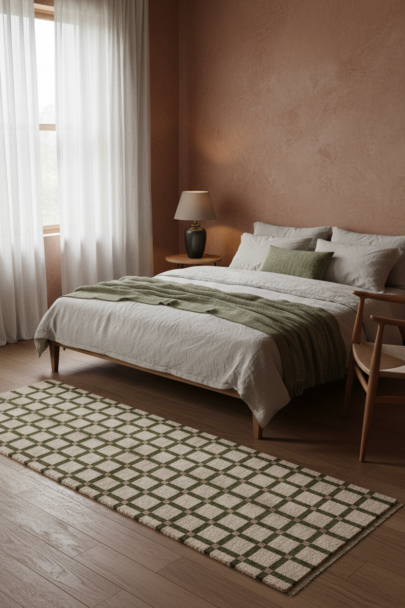 A rectangular area rug with a green geometric lattice pattern on a cream background, styled on a light wood floor in a warm, modern bedroom next to a bed with neutral bedding.