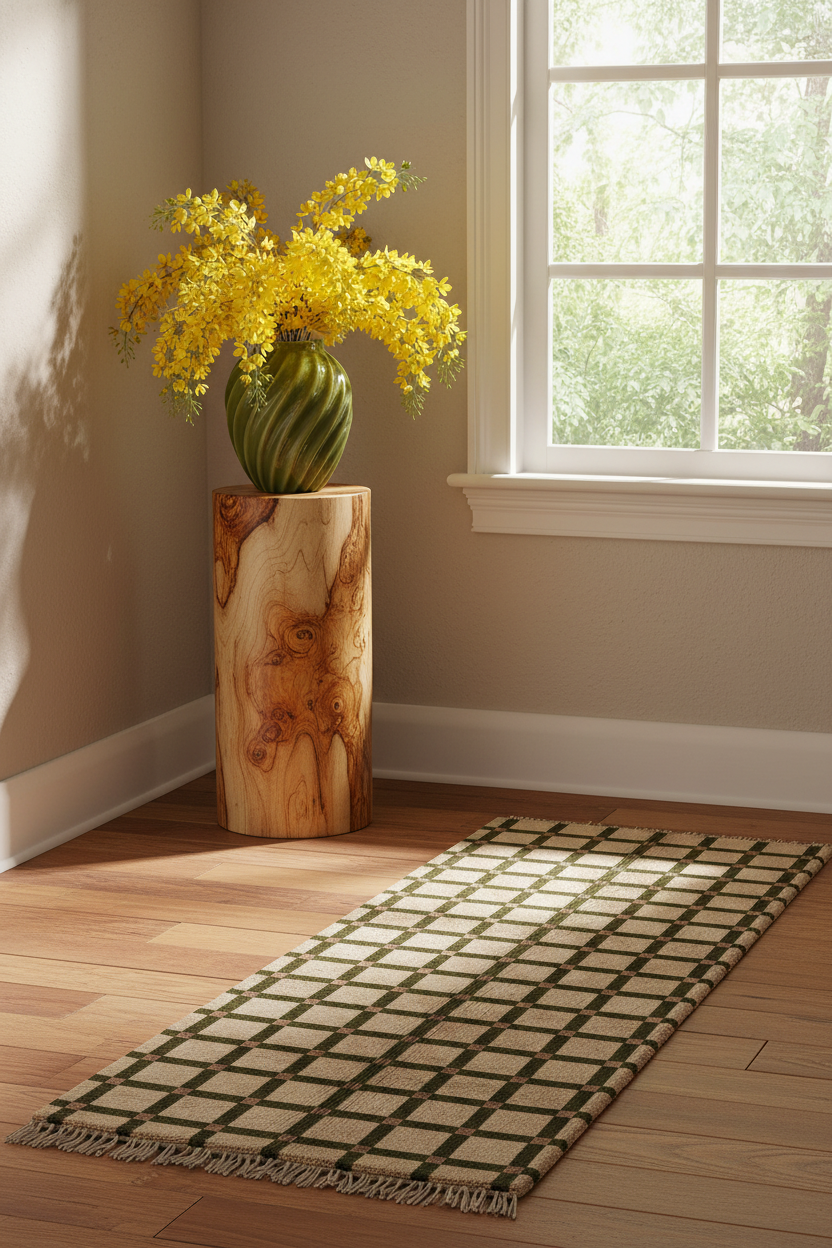 A rectangular woven runner rug with a green and beige grid pattern and fringe, styled on a light wood floor next to a window and a rustic wooden vase with yellow flowers.