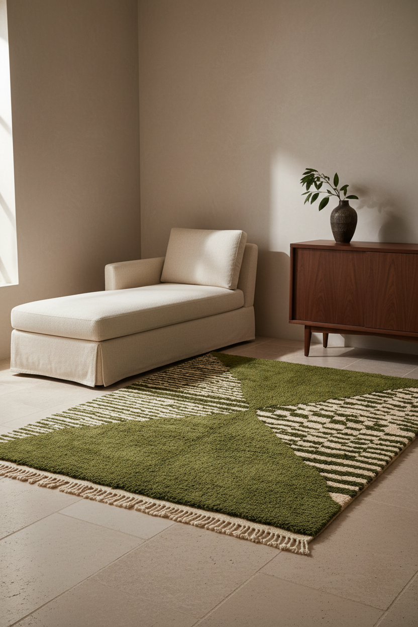 A green and cream geometric area rug with fringe, styled in a minimalist living room corner next to a cream chaise lounge and a wooden sideboard.