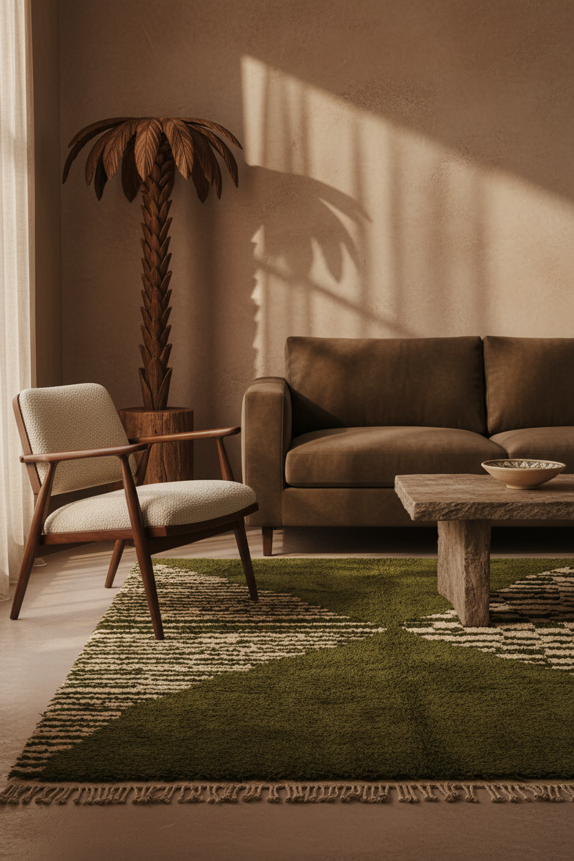 A styled living room scene with a green and cream patterned area rug, a brown sofa, a mid-century armchair, a rustic coffee table, and a potted palm under warm sunlight casting leaf shadows on the wall.