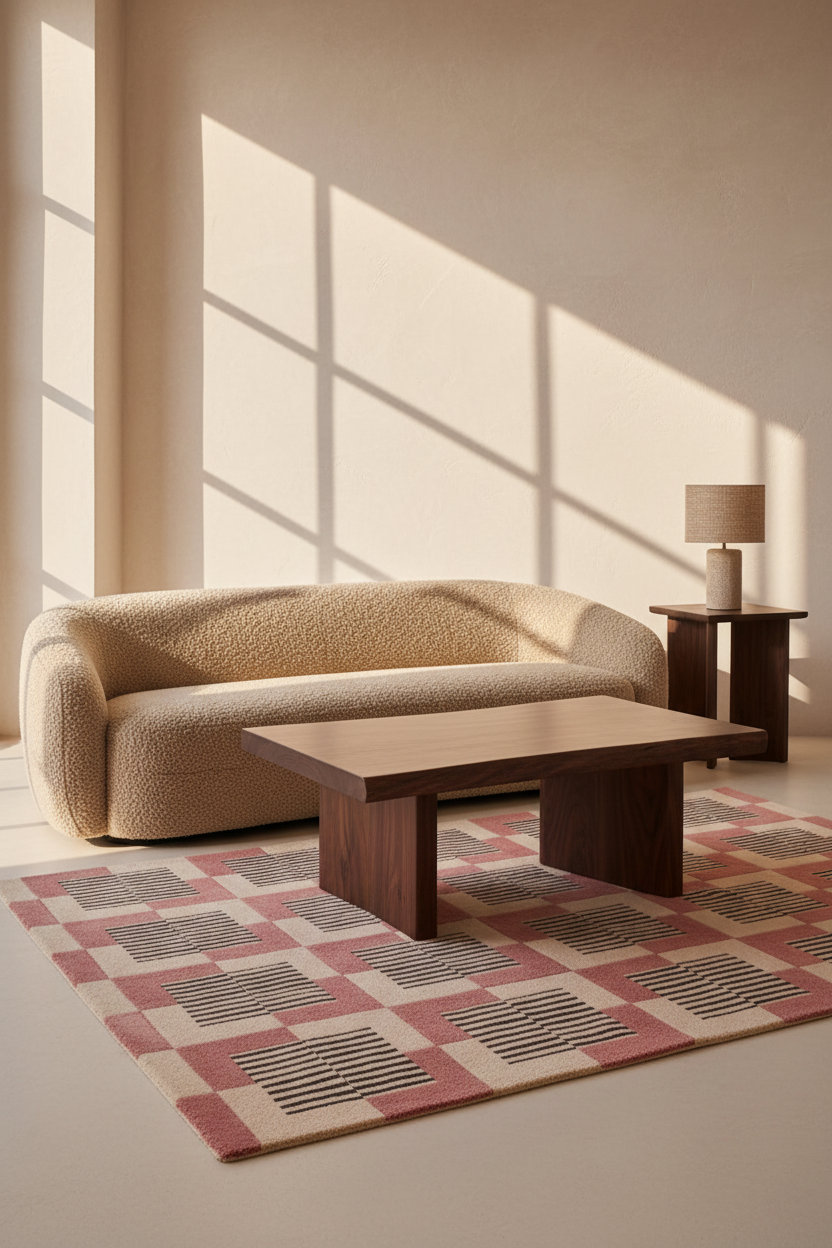 A modern living room scene with a curved beige boucle sofa, a dark wood coffee table, a pink and beige patterned rug, and a small side table with a lamp against a sunlit beige wall.