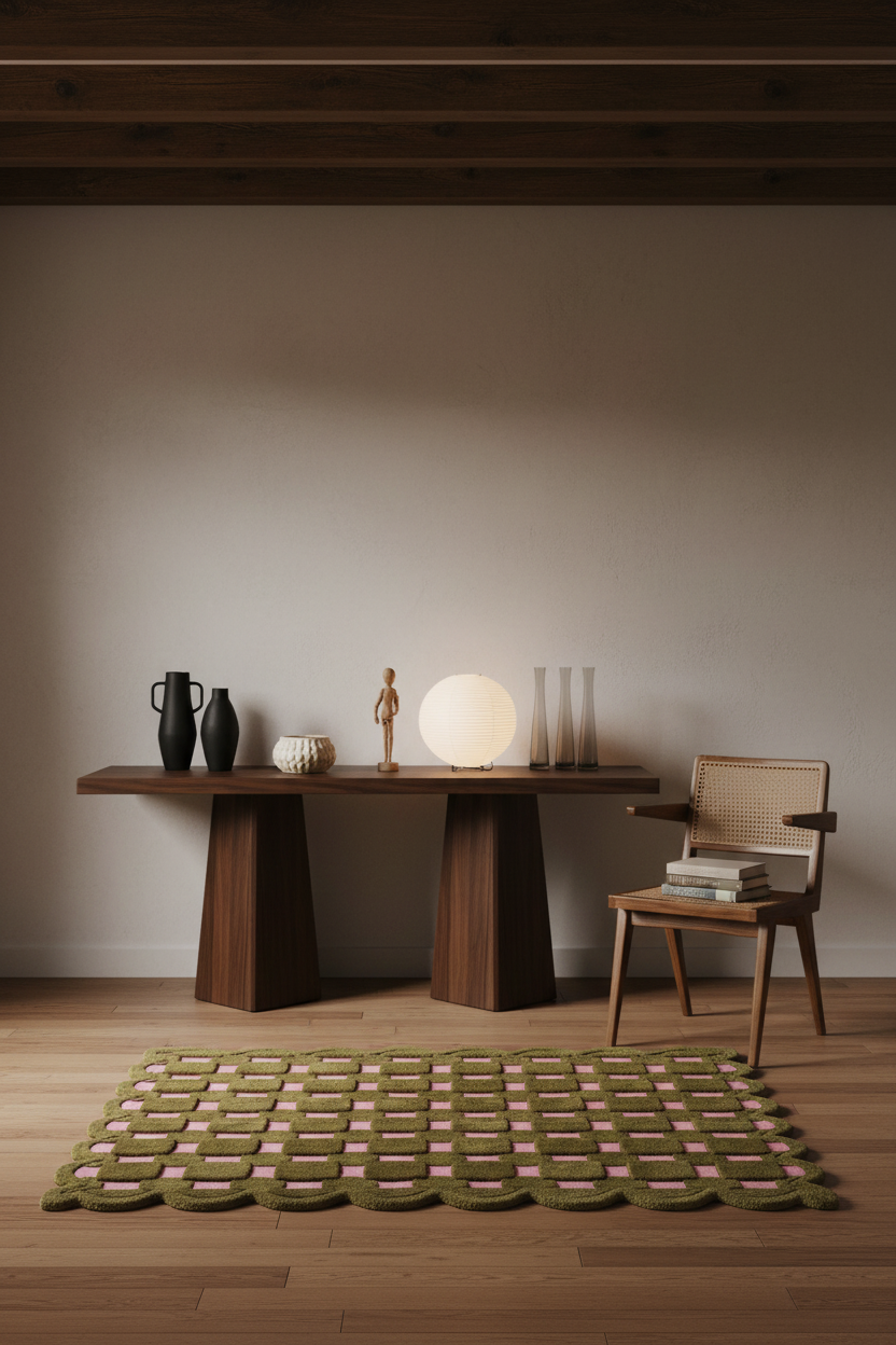 A styled interior scene with a wooden console table, a woven chair, a glowing spherical lamp, and a green patterned rug on a wood floor against a warm beige wall.