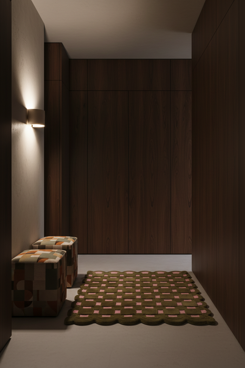 A modern interior scene with dark wood paneling, a wall-mounted light, two patterned upholstered stools, and a scalloped rug on a neutral floor.