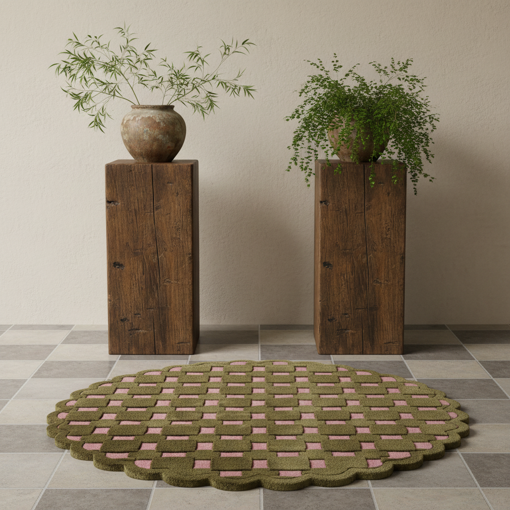 An oval woven rug with a scalloped edge in olive green and pink, styled on a gray tiled floor between two dark wood pedestals with potted plants against a beige wall.