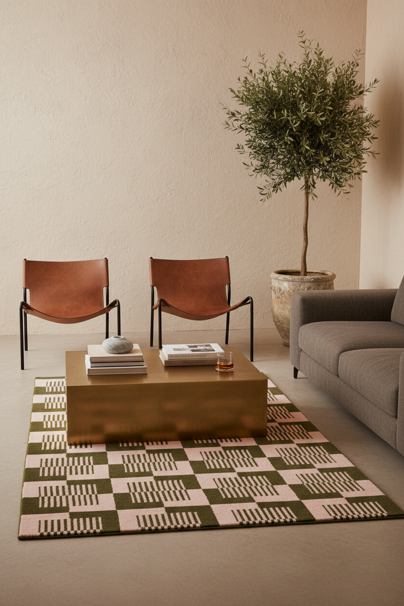 A styled living room scene featuring a geometric checkered area rug in olive green, cream, and light pink, paired with a gold coffee table, two brown leather chairs, and a gray sofa.
