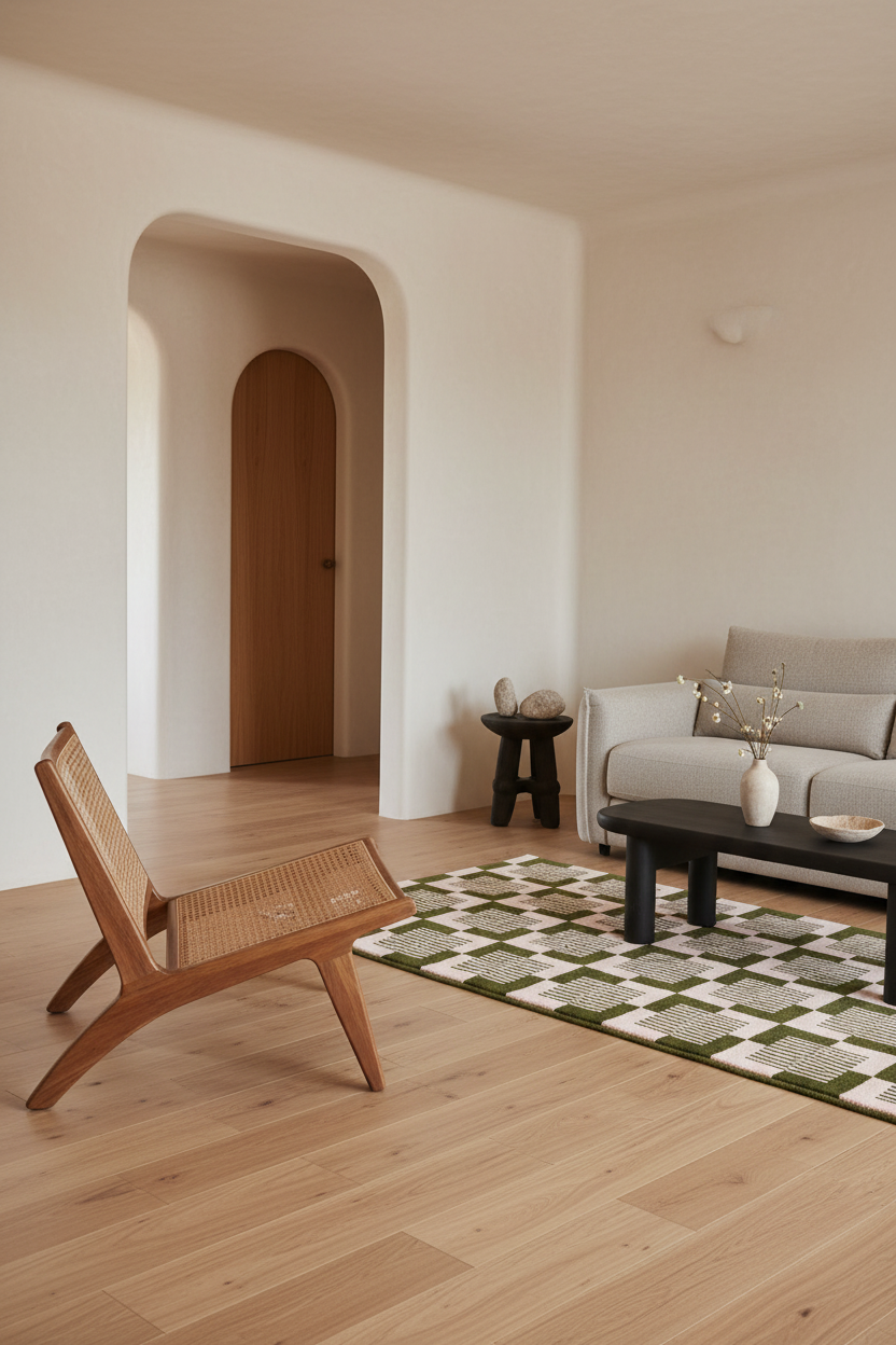 A modern living room with light wood flooring, featuring a wooden cane and wood chair in the foreground, a patterned green and white rug, a black coffee table, and a light gray sofa in the background.