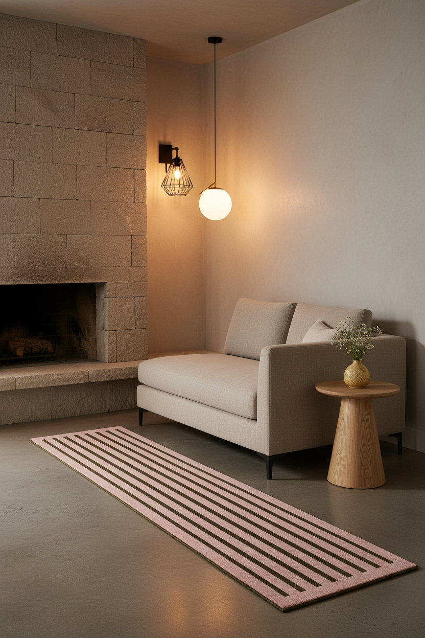 A modern living room corner featuring a light beige chaise lounge, a pink striped runner rug, a small wooden side table with a vase of flowers, and a stone fireplace in the background.